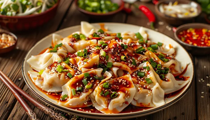 Chicken Wontons in Spicy Chili Sauce